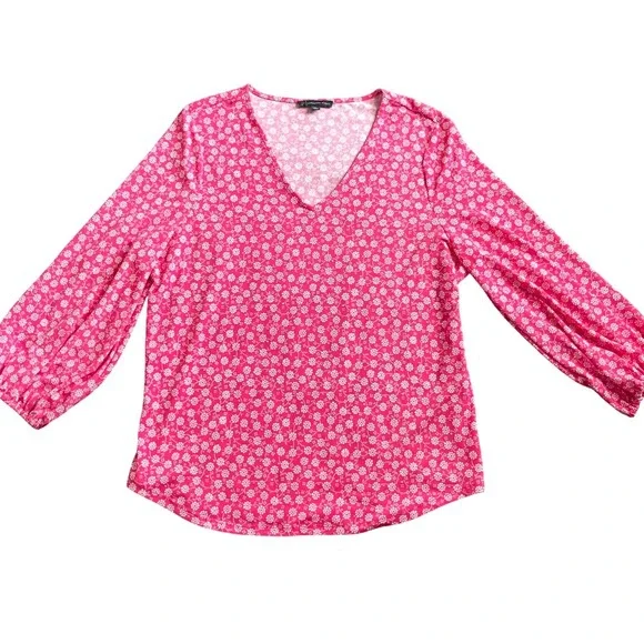 Adrianna Papell Blouse Women L Pink Excellent Floral V-Neck Balloon Sleeve Long - Picture 7 of 10